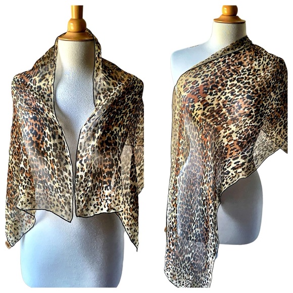 Vintage Animal Leopard Print Mob Wife Rectangular Silk Scarf Hand Rolled Hem - Picture 3 of 9